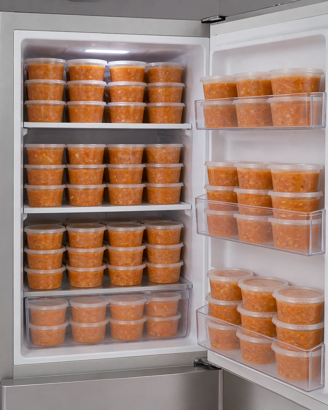 Freezer organizado com potes de caldos congelados Fogo Manso