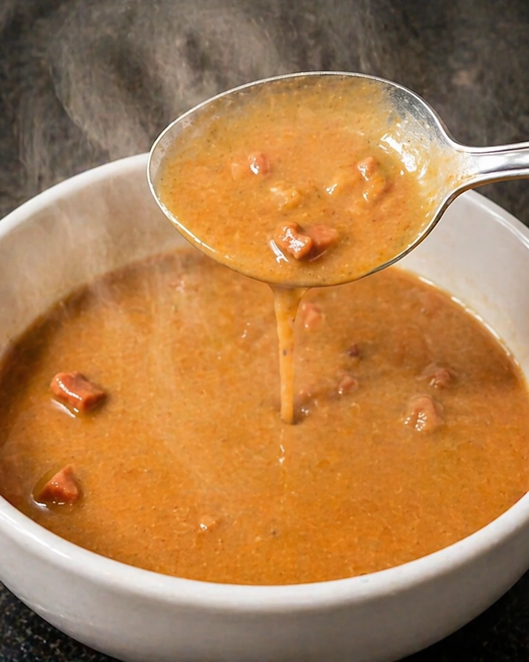 Colherada apetitosa de caldo congelado Fogo Manso pronta para consumo