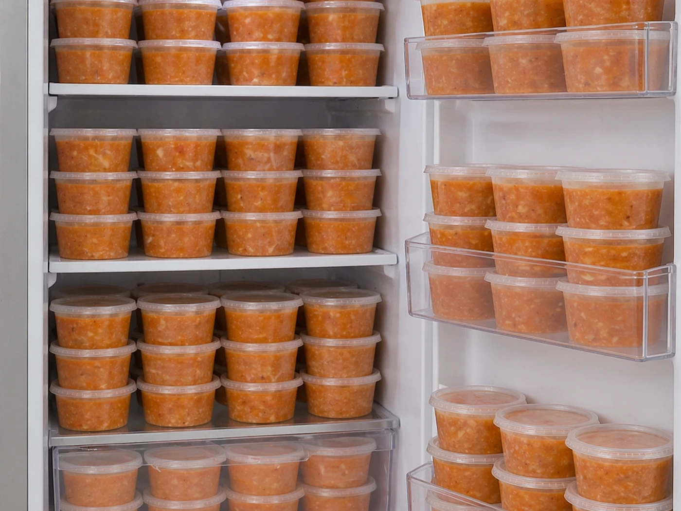 Potes da Belisqueria organizados no freezer como prova operacional dos combos e kits.
